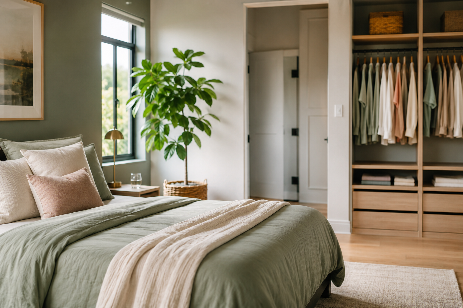 A calm, organised bedroom